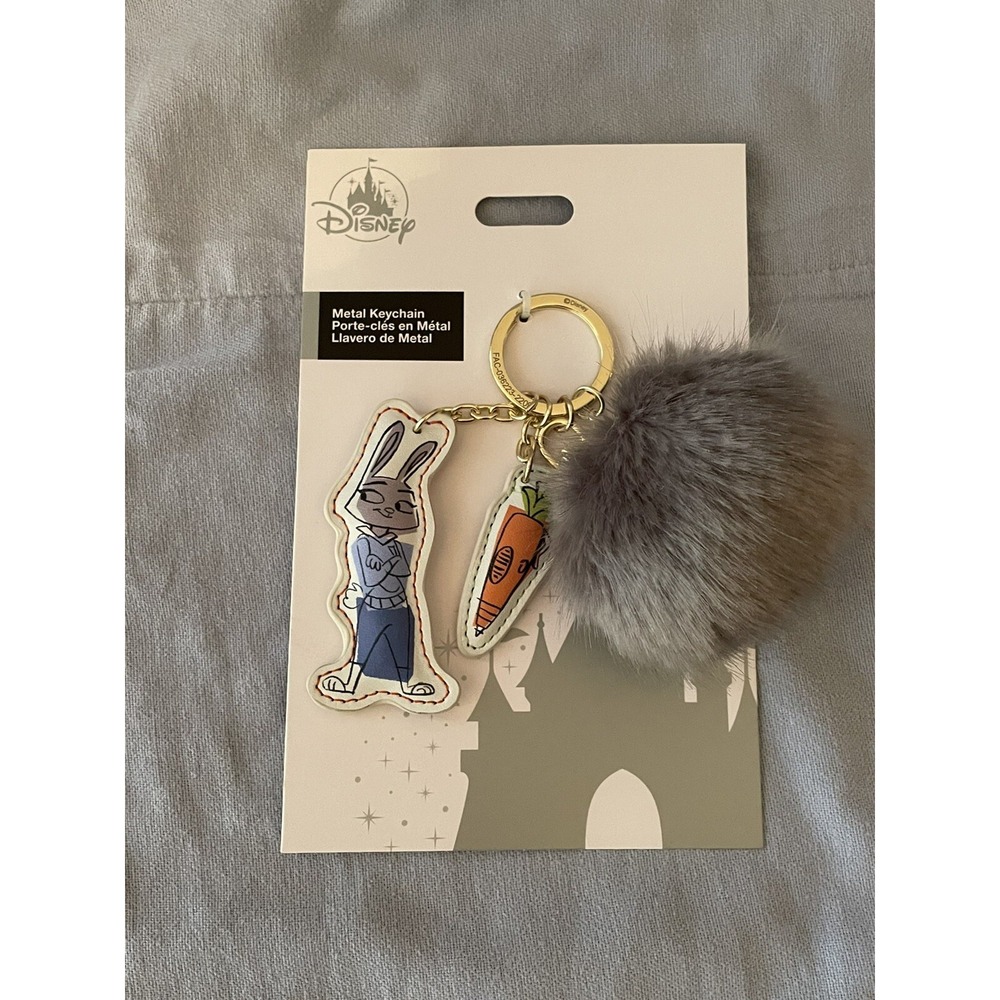 NEW Walt Disney Zootopia Grey Fuzzy Pom Pom Carrot & Judy Hopps Keychain